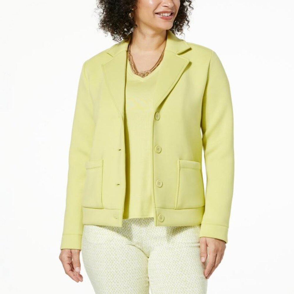 Wynne Layers Scuba Knit Button Down Jacket Plus Size 1X Long Sleeve Pear Relaxed